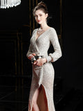 Burgundy Full Sleeve Evening Dress Sequinde Formal Dress Sexy V-neck Prom Gown Elegant Evening Gowns