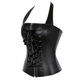 Black Gothic Faux Leather Zip up Corset Steampunk Halter Top Sexy Overbust Bustiers Lingerie Corselet