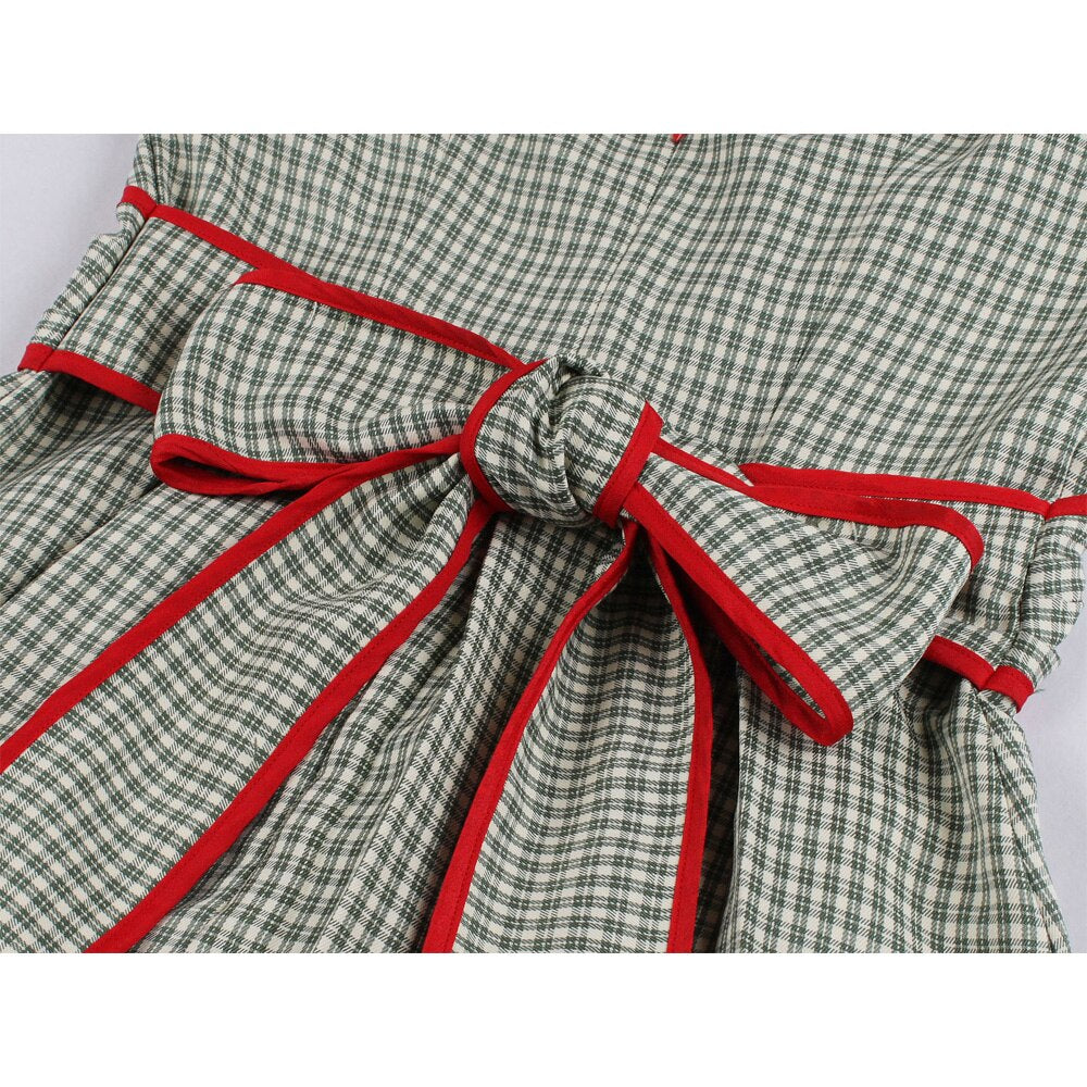 1950s Red Green Plaid Sleeveless Bowknot Open Back Robe Pin Up Sexy Vacation Party Casual Dresses