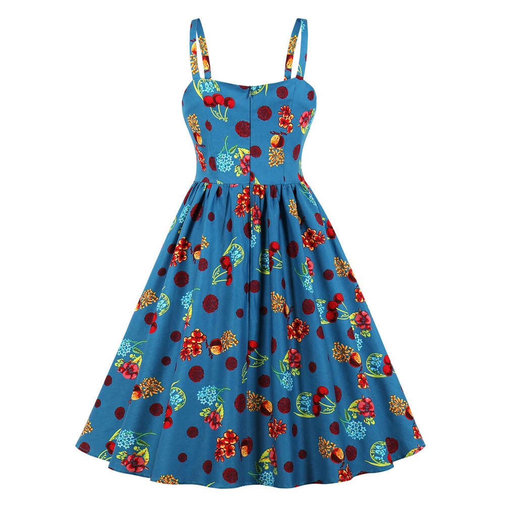 Women Summer Vintage Cotton Spaghetti Strap Bowknot Cherry Print Robe Pinup Swing Casual Dress Sundresses