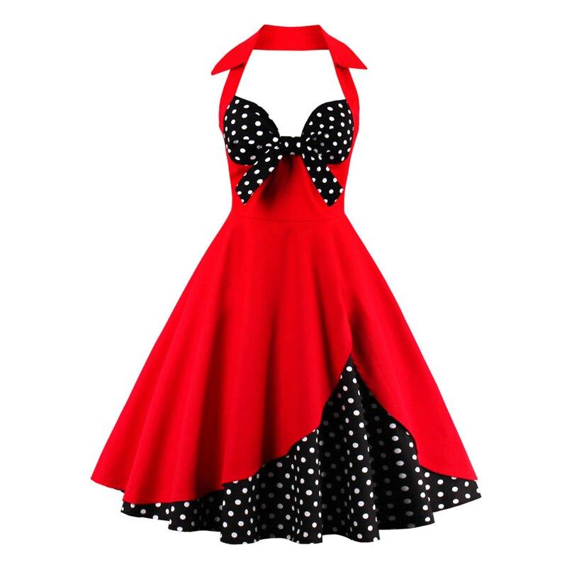 Knot Front Sexy V-Neck Halter Party Vintage 50s Pinup Black and Red Two Tone Backless Cotton Dress