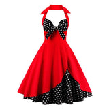 Knot Front Sexy V-Neck Halter Party Vintage 50s Pinup Black and Red Two Tone Backless Cotton Dress