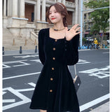 Women Vintage Velvet Puff Sleeve Single Breasted Buttons Dress Elegant Square Neck Harajuku Fashion Female Vestido