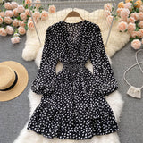 Print Casual Spring Autumn V Neck Long Sleeve Dress Elastic Waist Ruffle Hem Mini Dress