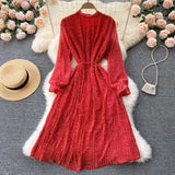 Elegant Vintage Casual Midi Dress With Belt Tie Bow Collar Long Sleeve Pleated Chiffon Dress