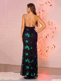 Sexy Backless Sequined Gown Diamond Sash Elastic Evening Dress Hight Slit Tulle Gown One-shoulder Sleveless Long Robe Dress