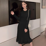 Women Autumn Winter Elegant Slim Midi Sweater Dresses Knitted Ruffle Dress Female A-line Casual Vestidos