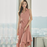 Women Summer Pink Sleeveless Shirt Dress Casual Party Lace-Up Tight Waist Midi Ruffle Dress