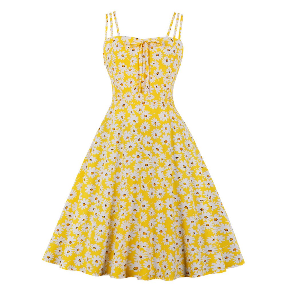 Yellow Floral Print Spaghetti Strap Bowknot Robe Pin Up Swing Retro Vintage Dress