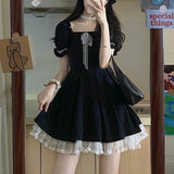 Korean Casual Kawaii Mini Dress Women Lace Black Cute Elegant Party Dress Summer 2021 Puff Sleeve Ruffle France Vintage Clothing