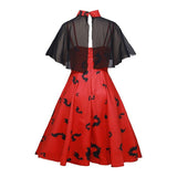 Bat Print Halloween Gothic High Waist Dress Mesh Cloak Sleeve Chiffon Cape Two Piece Midi Dress Women Vintage Goth Party Gown