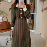 Women 2021 Autumn French Elegant Square Neck Lace Chic Single-Breasted Puff Sleeve A-Line Plaid Vestidos