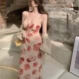 French Vintage Strap Dress Women Sweet Elegant Sleeveless Sexy Floral Casual V-neck Beach Party Dress