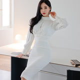 Fashion Women Stand Collar Puff Sleeve Bodycon Dress Female Slim Hollow Out Office Lady Knee-Length Vestidos