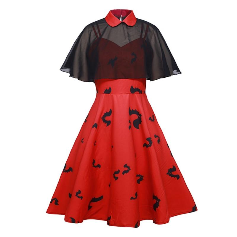 2021 Chiffon Cape Bat Print Elegant Summer Midi Dress High Waist Vintage Style 50s 60s Women Halloween Party Swing Dresses