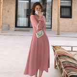 2021 New Autumn Lace Patchwork Women Dress Female Solid Long Sleeve V-Neck Casual Long Dress Fashion Midi Vestidos