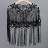 Women Vintage 1920s Shawl Beaded Sequin Fringe Flapper Bolero Sheer Floral Embroidery Mesh Shrug Cape Fancy Party Cover Up