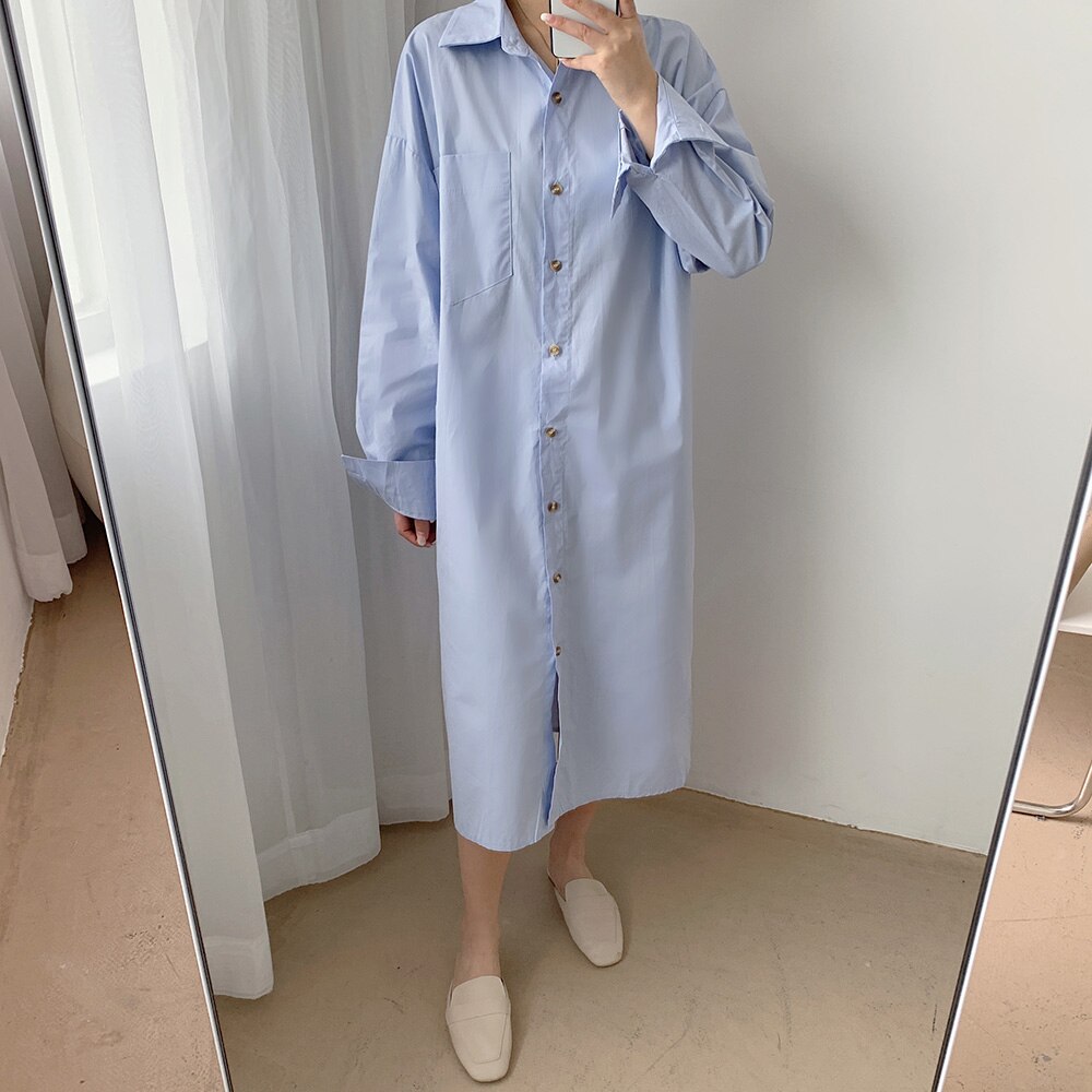 Turn-Down Collar Long Sleeve Loose Shirt Dress With Chest Pocket Button Up Solid Casual Midi Dress