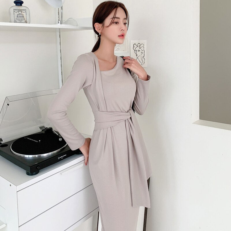 Women Slim Sweater Dress Long Sleeve Diagonal Collar Korean Elegant Knit Dresses Autumn Winter Vestidos