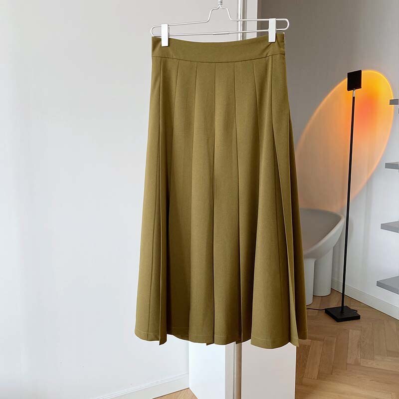Autumn Women Vintage High Waist Elegant Pleated Solid A-Line Skirts Outwear