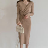 Women V-Neck Drawstring Knitted Midi Dress Korean Elegant Long Sleeve Autumn Winter Female Chic Sweater Dresses