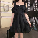 Summer Kawaii Gothic Dress Women Vintage Fungus Sweet French Hepburn Dress Female Korean Casual Elegant Black Party Dress 2021