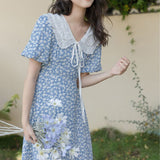 2021 Summer Sweet Elegant Dress Women Holiday Outing High Waist Blue Floral Casual Dress Female Puff Sleeve Fairy Midi Sundress