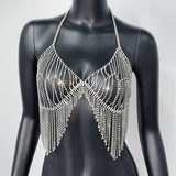 Shining Rhinestone Sexy Hollow Out Body Chain Luxury Crystal Tassel Halter See Through Backless Patchwork Crop Tops