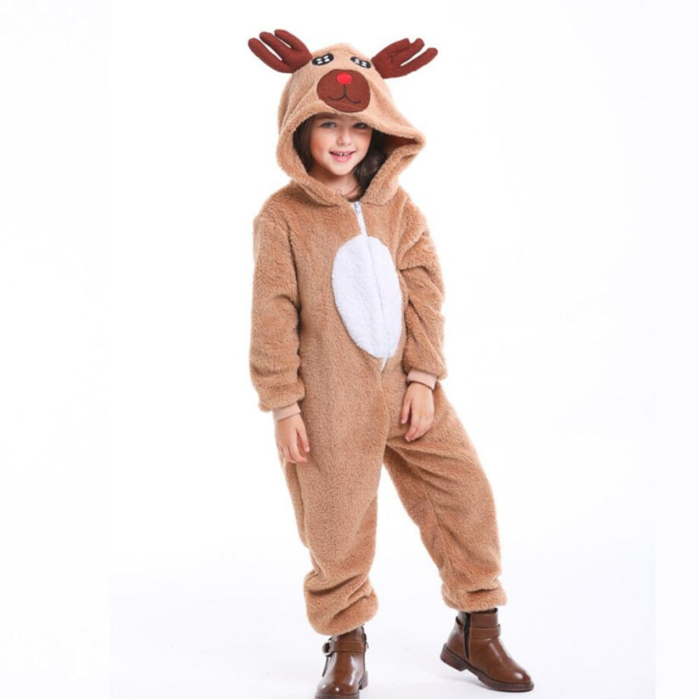 Reindeer Elk Christmas Costume Festival Santa Clause for Boys Girls New Year Kids Flannel Hooded Pajamas Xmas Fancy Party Dress
