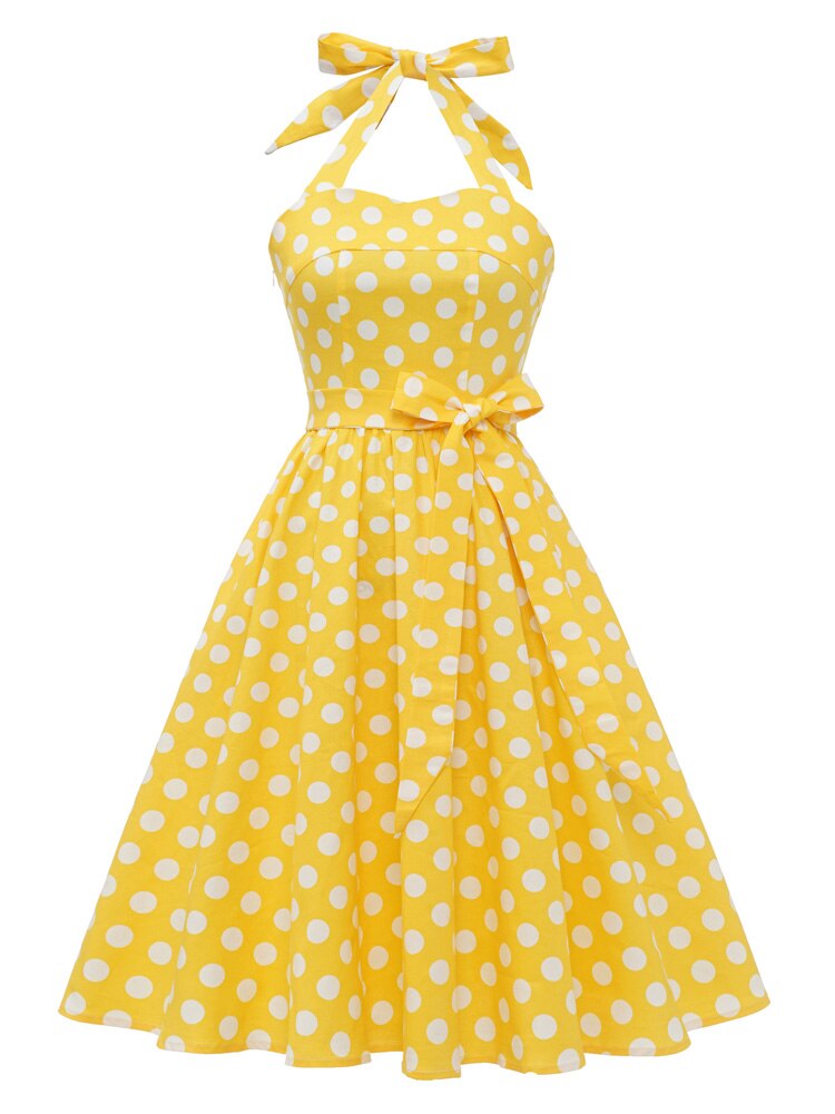 Polka Dot Yellow 1950s Vintage Pinup Belt Pleated Women Halter Neck Corset Evening Party Cotton Dress