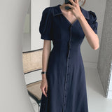 Women Chic Ladies A-Line Shirt Vestidos Summer 2021 Elegant Slim Waist Female Single-Breasted Dresses