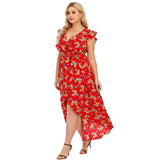 Red Floral Plus Size Women Boho V Neck Asymmetrical High Waist Beachwear Long Beach Party Bohemian Dress