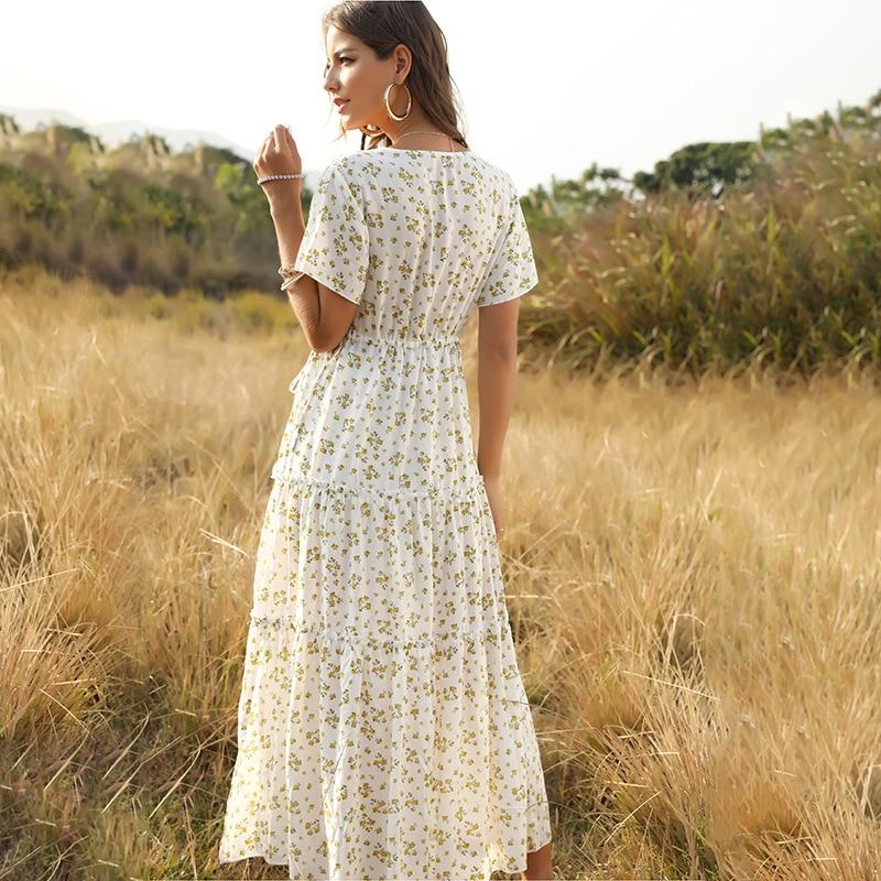 Long Cotton V-neck Short Sleeve Print Dress