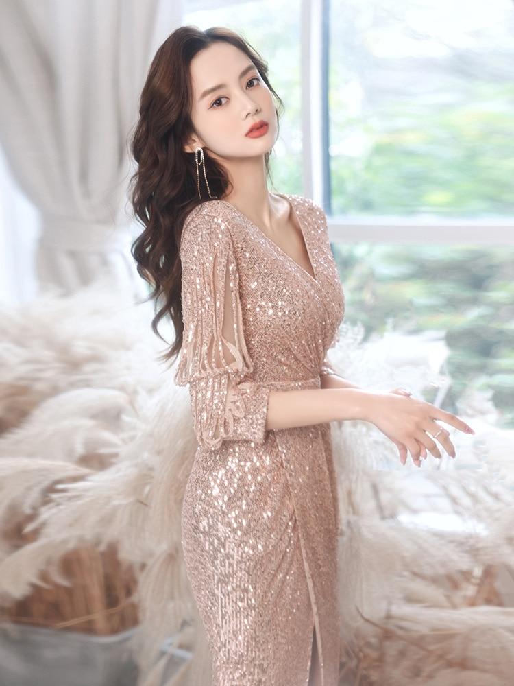 Elegant Maxi Dress Gold Sequin Evening Dress Women Formal Long Sleeve Party Dress