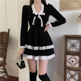 Black Vintage Dress Women Bow Designer French Style Lack Patchwork Full Sleeve Slim Mini Dress Chic 2020 Autumn Women's Clothing