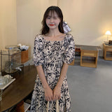 2021 Women Summer Clothes Vintage Style Off Shoulder Puff Sleeve Print Square Collar Split Holiday Midi Dress Vestido