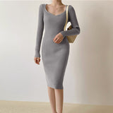 Women Long Sleeve Autumn Knee-Length Dress Sexy Basic Ribbed Knitting Sweater Dress Square Collar Winter Bodycon Dresses