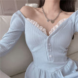 Blue Lolita Kawaii Knitted Dress Women Japanese Lace Patchwork Sweet Sweater Dress Female Sexy Korean Cute Party Mini Dress 2021