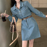 Autumn Vintage Sweet Denim Dress Women France High Waist Long Sleeve Elegant Mini Dress Spring Slim Party Casual Korean Clothes