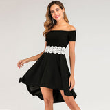Black Formal Off Shoulder Short Sleeve White Lace Waist High Low Evening Party Dress