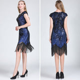 1920s Vintage Flapper Party Art Deco Great Gatsby Dress Shiny O-Neck Cap Sleeve Sequin Bead Fringe Embellished Dress