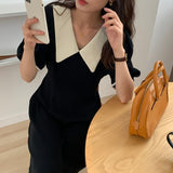 Women Harajuku Summer Short Sleeve Midi Holiday Chic A-line Popular Loose Lapel Retro Fashion Dress