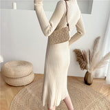 Autumn Winter Slim Kintted Dresses Women Long Sleeve A-line Korean Solid Knitted Thick Vestidos