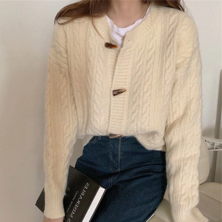 Women Single-breasted Long Sleeve O-Neck Sweater Cardigans Solid Loose Knit Coat Cropped Tops