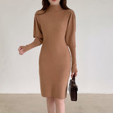 2021 Autumn Winter Fashion Sexy Half High Neck Women's Mini Knit Dress Casual Bodycon Solid Long Sleeve Ladies Dress