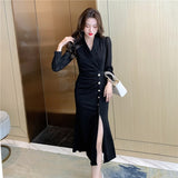 Women Elegant Office Dress V-Neck Buttons Long Sleeve Slim Dress Autumn Female Midi Vestidos