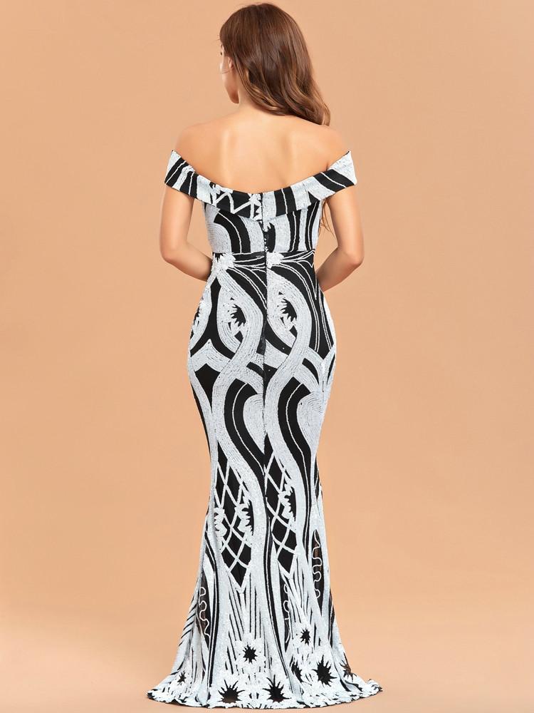 New Elegant Off Shoulder White Sequin Evening Dress Women Party Maxi Dress