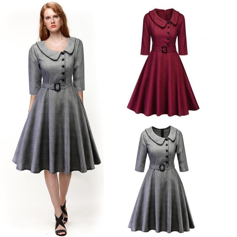 www. - Plus Size - Women Sexy V-neck 3/4 Sleeve Vintage 50s Long  Casual Dress Plus Size