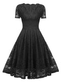 V-Neck High Waist Lace Elegant Party Vintage Midi Dress Short Sleeve Summer Style Pleated Swing Dress