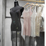 Summer Women Bodycon See Through Glitter Rhinestone Fishnet Grid Spaghetti Strap Low Cut Sleeveless Backless Mini Dresses